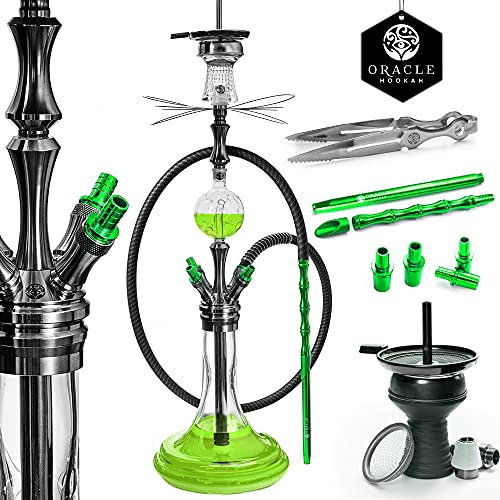 ORACLE HOOKAH® Edelstahl Shisha Set mit Zubehör - Shisha 4 Anschlüsse mit Kopf Schlauch Mundstück und Molassefänger (Shisha Grün, inkl. [4 Schläuche / 4 Mundstücke])