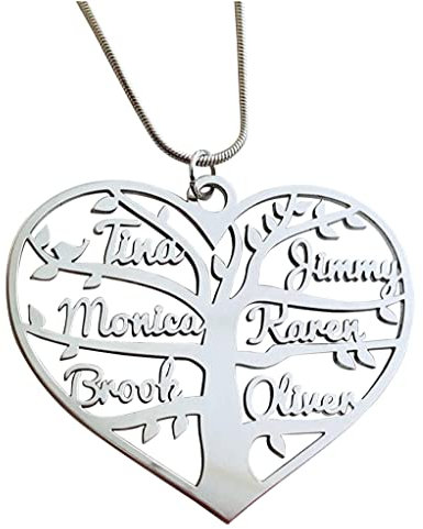 Collier pour Femme en Argent, Personnalisé Nom, Arbre Généalogique, Pendentif Arbre de Vie, Personnalisable forme cœur les prénoms, Fête des Mères Saint Valentin, Bijoux en Acier inoxydable, Chaîne