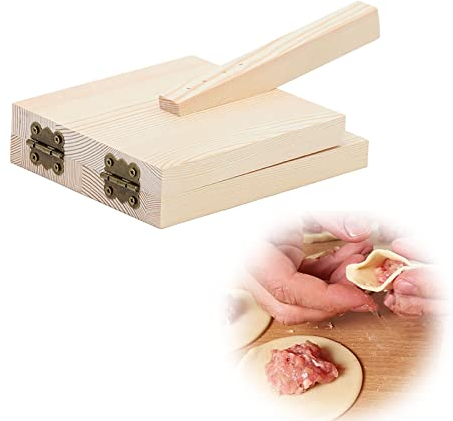 Gfamous Herramienta para Prensar Masa,Prensador de Masa Piel de Dumpling,Prensador de Envoltorios de Dumpling,Prensa para Empanadas De Dumplings,Rectangular 13x16 Cm,de madera,con mango