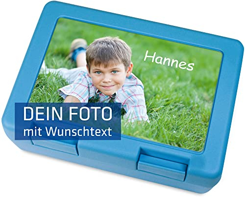 INDIGOS UG - Brotzeitbox hellblau - 185 x 128mm - Schilder selbst gestalten Foto Bild & Text bedruckt - personalisiert - Brotbüchse für Schule, Kita, Picknick, Kindergarten - Brotdose für die Kinder