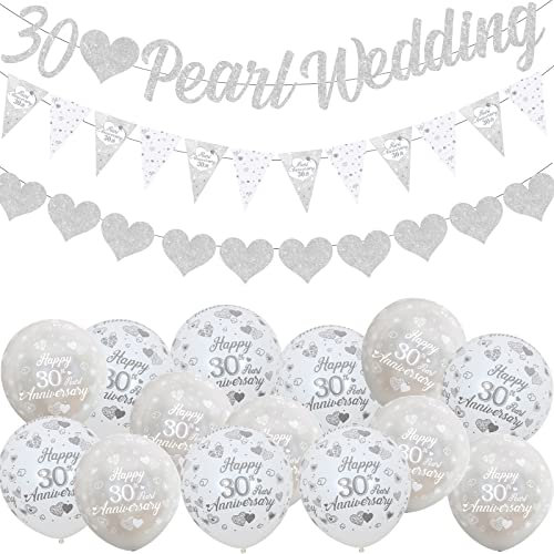 Fangleland 30th Anniversary Decorations Pearl, 30th Silver Wedding Glitter Banners, 30th Anniversary Bunting Flag and Balloons for Anniversary Party Supplies…