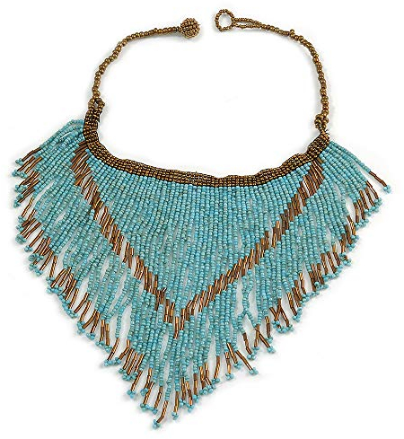 Avalaya Glass Bead Bib Style/Fringe Necklace In Light Blue/Bronze/ 40cm L/ 17cm Front Drop