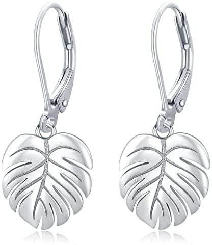 Monstera Silber Ohrringe - Palmenblätter Tropische Pflanze Baumeln Ohrringe für Damen & Mädchen - Sterling Silber Leverback Modeschmuck