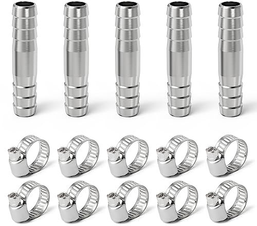 ERGAOBOY 5 Stück 16mm Edelstahl gerade Schlauch Barb, 2-Wege-I-förmige SUS 304 Schlauchverschraubung mit 10 Stück Klemmen