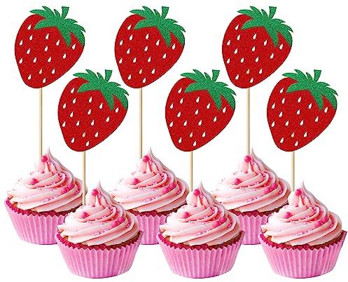 24 Stück Erdbeere Tortendeko, Glitzer Obst Thema Cupcake Toppers Strawberry Torten Deko für Baby Dusche Kinder Jungen Mädchen Geburtstag Party Kuchen Dekorationen Rot