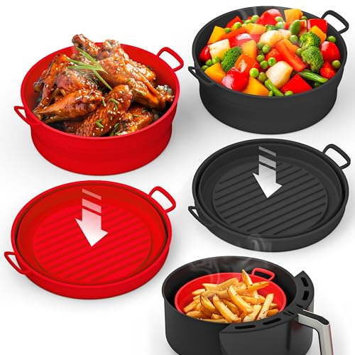 2 Pack Air Fryer Silicone Liners Pot - Reusable Air Fryer Silicone Basket Bowl for 5 qt or Bigger - Airfryer Silicone Liner Replacement - Red & Black