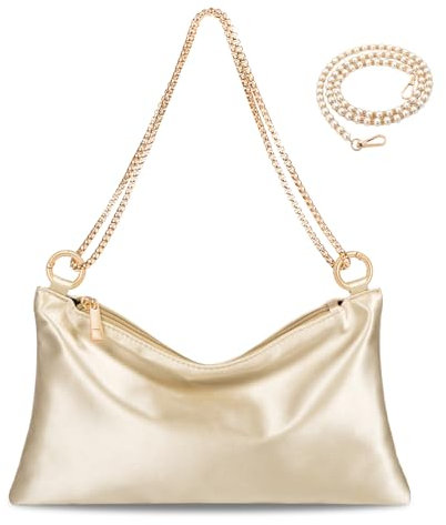 MGBPEI Damen-Handtasche aus Satin, Abendtasche, Hochzeit, Abschlussball, Clutch, formelle Cocktail-Party, Clutch, Schultertasche mit 2 Taschenketten, Champagner-Satin, Medium