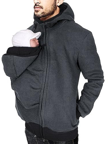 Oanviso Känguru Hoodie für Herren Babytrage Pullover Warme Babytrage Mantel Langarm Kapuzenjacke Känguru Shirt für Papa und Baby 2 in1 Tragejacke Männer Comfort Kängurujacke A Grau XS