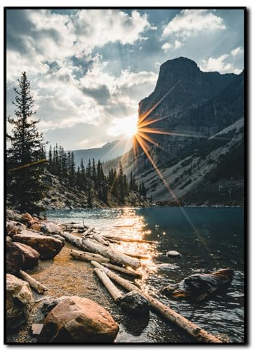 STYLER Gerahmtes Bild River 50 x 70 cm | schwarzer Rahmen Holz | Fluss Tal Flussbett Berge Natur Landschaft Sonne | Wohnzimmer Schlafzimmer Büro