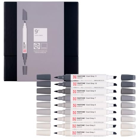 Talens | Pantone Marker 9er Set Cool Gray | Dual-Tip-Stift mit Pinselspitze und Keilspitze | Wasserbasierte, pigmentierte Tinte in Pantone-Farben