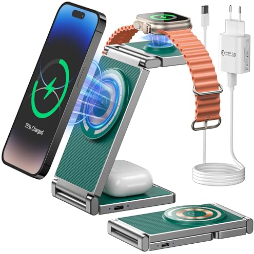 REOKILY Ladestation 3 in 1 Mag-Safe Ladegerät Kabellose 18W Schnelle Faltbar für iPhone 15/14/13/12Pro/Pro Max/Plus und für Apple Watch/8/SE/7/6/5/4/3/2, AirPods3/2/Pro/Pro2 Wireless Charger