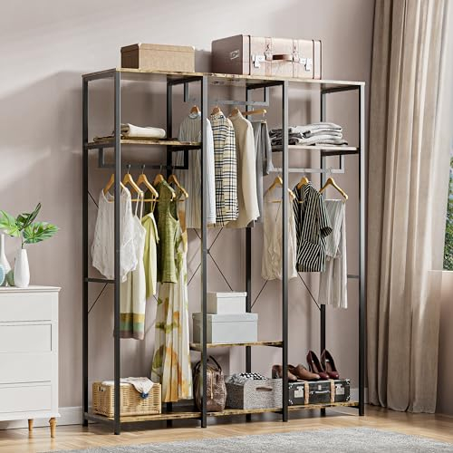 JoliJour Armario Abierto Vestidor Estable Armarios de Almacenamiento de Ropa y Zapatos Madera Vestidor Mueble Metal Perchero Industrial Perchero Estanteía Colgante para dormitorio 40x150x182CM