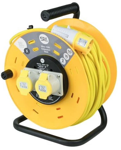 SLx 110V Extension Lead Industrial 50m Open Drum Cable Reels, 2 Socket with Thermal Cut Out, Heavy Duty Indoor and Outdoor Extension Cable, 16A Fused UK Plug