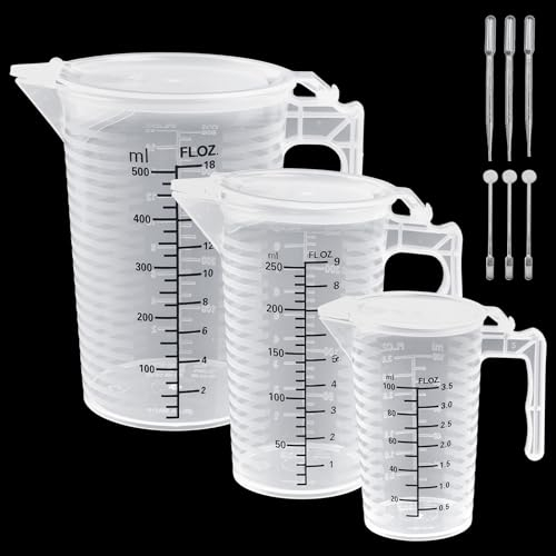 LIMITADA 3 Stück Messbecher 100ml 250ml 500ml Messbecher Klein Kunststoff Messbecher mit Skala Messbecher mit Deckel Messbecher mit Griff Hitzebeständig für Küche,Labor, Waschmittel (Transparent)