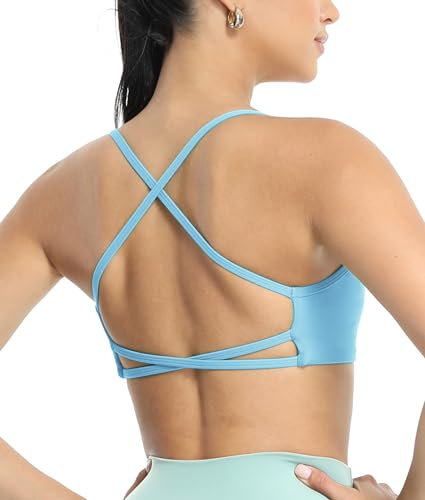 icyzone Damen Sport-BH Gepolstert Spaghettiträger Yoga BH Gekreuzt Rücken Gym Fitness Bra (Baby Blue, S)