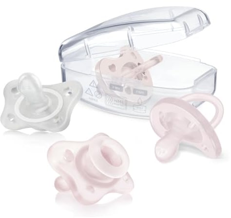 Chicco PhysioForma Schnuller, mitwachsendes Schnuller-Set von 0-6 Monaten für Mädchen, Set mit 4 Schnullern, 2 Schnuller für 0-2 Monate und 2 Schnuller für 2-6 Monate, weiches Material