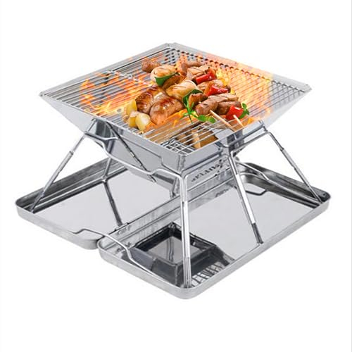 Parrilla de Barbacoa Portátil, Pozo de Fuego de Acero Inoxidable, Plegable para Barbacoa Fogata Portátil Parrilla de Carbón de Leña Elevable para Cámping Picnic Jardín - con Bolsa de Transporte