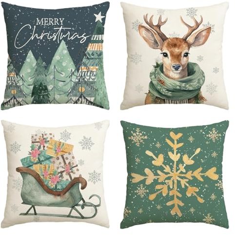 Artoid Mode Bäume Rentier Schlitten Schneeflocken Frohe Weihnachten Kissenbezüge 4er Set, 45x45 cm Christmas Zierkissenbezug Cushion Cover Couch Deko