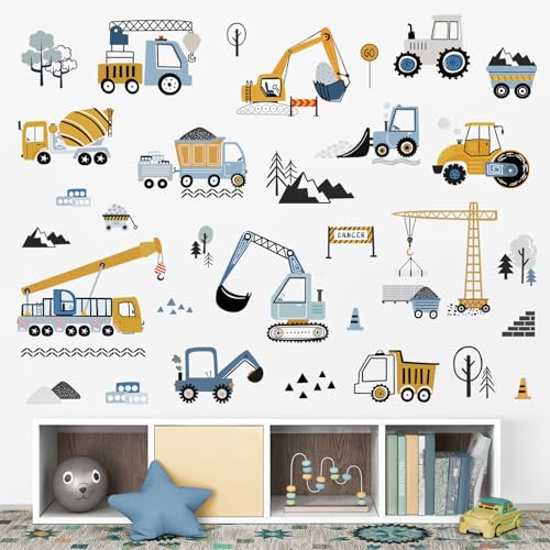 decalmile Wandtattoo Kinderzimmer Fahrzeuge Baustelle Wandaufkleber Baufahrzeuge Traktor Bagger Auto Wandsticker Jungen Spielzimmer Wanddeko