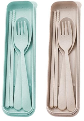 Couvert Plastique Reutilisable avec étui, 2 Ensemble de Couverts de Camping, Ensembles de Fourchettes et de Cuillère en Plastique, pour lunch box, Pique nique et Voyage, beige, vert