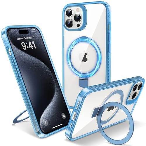 Flyzoo Magnetic Kickstand Case for iPhone 15 Pro Max, [Compatible with MagSafe & Invisible Ring Stand Holder] [Non-Yellowing & Shockproof] Transparent Hard Silicone Edge Cover, 6.7'', Clear Blue