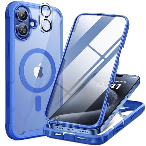 Miracase 360 Grad für iPhone 16 Hülle mit Magsafe, Eingebaut Glas Schutzfolie, Komplettschutz HandyHülle Magnetisch Stoßfest Case für iPhone 16 Schutzhüllen 6,1 Zoll, Blau