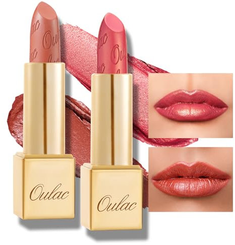 OULAC Metallisch Glänzender Lippenstift Set, Glitzer Lippenstift Koralle mit Lang Anhaltendem 3D-Glanz, Cremige und Feuchthaltende Formel, Vegan 05+25