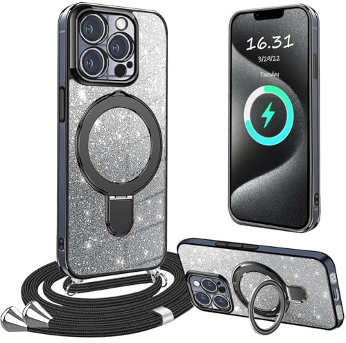 Coque iPhone 15 Pro Max avec Cordon,Coque iPhone 15 Pro Max avec Collier Silicone Housse 360° Voiture de Bague Magnétique Antichoc Étui Lanyard Case Téléphone Portable Protection Cover avec Support