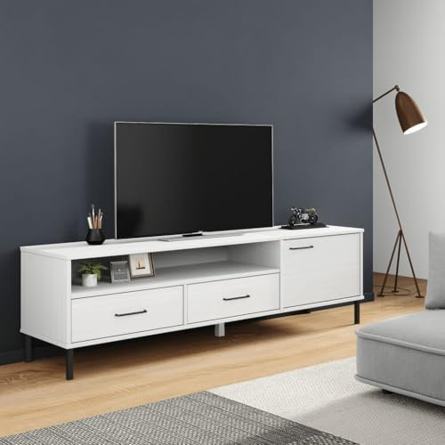 KLYEON Meuble TV avec Pieds en métal Blanc Bois de pin Massif Oslo,Table TV en Bois Massif avec rangements Décoration Tendance pour Salon Ameublement et Décoration, Meubles TV
