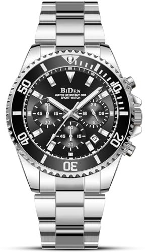 LN LENQIN Herrenuhren Analog Quarzuhren mit Edelstahlarmband 30M Wasserdicht Armbanduhren für Männer Mode Chronograph Uhren mit Datum -Silber Schwarz