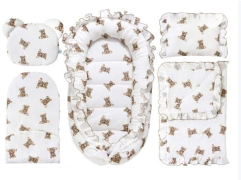 PEPI - 5 teilig Babynestchen Set - Babynest mit Rüschen - Babydecke - Matratze - Kopfkissen - Kissen - 100% Baumwolle uns Samt - Baby Erstausstattung Neugeborene - (Sweet Teddy)
