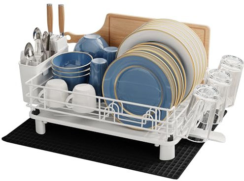 MAJALiS Escurridor de Platos de Cocina, Escurreplatos de Acero Inoxidable con Soportes para Tazas y Utensilios, Estante para Secar Platos Blanco con Drenaje Automático y Tapete de Secado