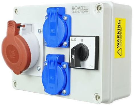 RoadEu - Stromverteiler und Schalter - CEE Steckdose 16A und 2x Schuko Verteiler - Steckdosenverteiler mit Hauptschalter 0-1. CEE 400V Steckdose mit Schalter.