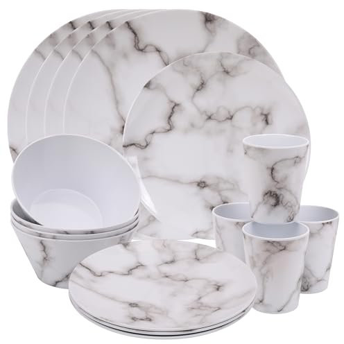 Service de table 16 pièces en mélamine | Design élégant marbre | Comprend des assiettes, des assiettes à dessert, des bols et des tasses | Service pour 4 personnes | Réutilisable et léger | Parfait
