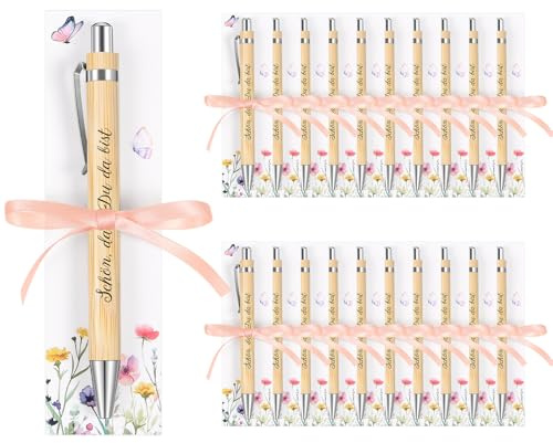 Clabby 20 Sets Gastgeschenk Hochzeit Holz Kugelschreiber mit Gravur, Blumen | Druckkugelschreiber, Mit Karte und Band, Gravur, Schön Das Du Da Bist, Dankeschön, Für Taufe und Geburtstag