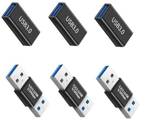 Leloco USB 3.0 Kupplung Adapter 5Gbps USB A auf USB A Buchse Schwarz | 6 Stück USB Adapter Set, Aluminiumgehäuse, 5V/3A Laden, für Laptop, PC, Tastatur und U-Disk, Plug & Play.