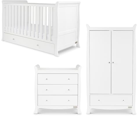 Ickle Bubba Snowdon Classic 3pc Nursery Furniture Set with Premium Sprung Mattress – 4-in-1 Sleigh Cot Bed (Fits 140x70cm Mattress) with Under Drawer Storage, Changing Unit & Wardrobe