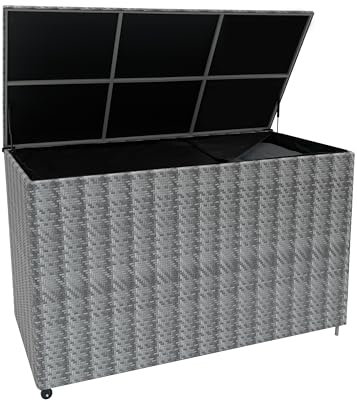 Rattan Garden Storage Marielle Grey Box & Waterproof Lining Cover Large Cushion Blanket Tools Toys Furniture Chest 996L Outdoor Patio Deck Steel Frame Weather Resistant Gas Lift Lid Portable Wheels