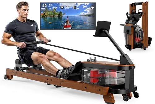 Wasser Rudergerät für Zuhause für Heimfitness Training (V-W3M aus Holz) | FSC‑Massivholz‑Rudergerät mit stufenlosem Wasserwiderstand, Bluetooth, platzsparend, max. 180 kg Traglast
