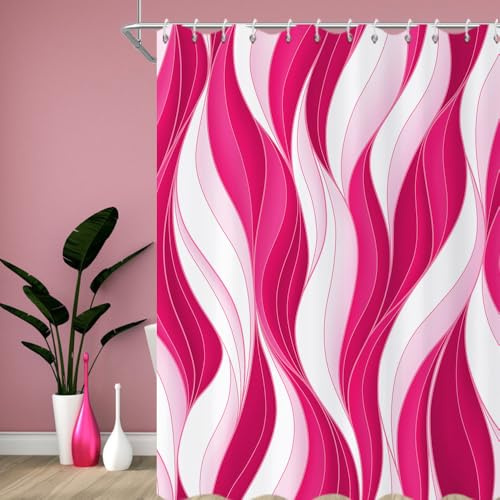GCIREC Duschvorhang, 180x200cm, Moderne Abstrakte Helles Pink Weiß Ombre Gestreift Minimalistische Kunst Wasserdicht Stoff Badezimmer Vorhang Maschinenwaschbar mit Häkchen