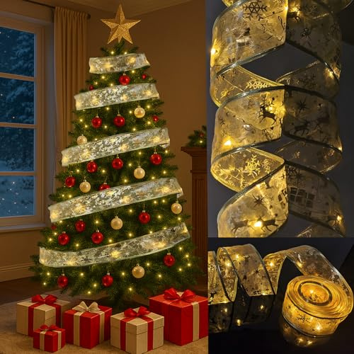 AMLOOPH Christmas Tree Lights, Gold 6m Christmas Tree Ribbon String Fairy Lights for Tree Christmas Decorations, Battery Warm White 60 LED Ribbon Christmas Lights Indoor for Xmas Tree Decorations