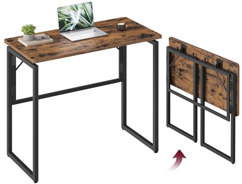 VASAGLE Folding Desk, Foldable Computer Desk, One-Piece Desktop Top, Rounded Edges, Small Home Office Writing Table for Bedroom, Balcony, Camping, Easy Assembly, 80 x 40 cm, Rustic Brown LWD151KD01