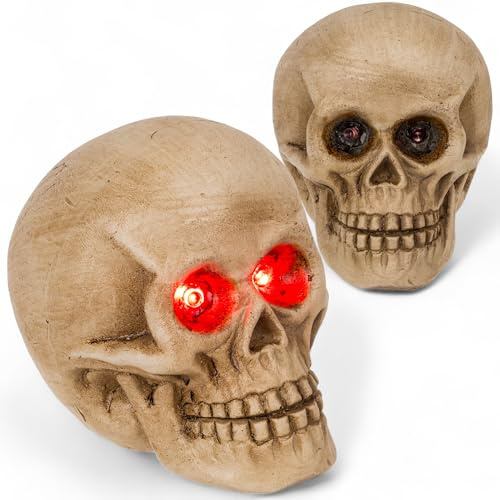 MIJOMA Deko-Totenkopf mit roten LED-Augen – Halloween Deko Figur 10 cm – Gruselige Tischdekoration aus Polyresin – Leuchtender Schädel für Party, Fensterbank, Regal, Wohnzimmer