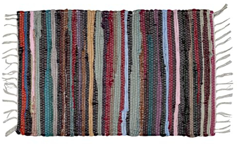 MARRAKESCH Teppich Läufer handgewebt Callum Bunt Cotton Rug klein 50x90 cm | Boho Streifen Teppiche aus Baumwolle mit Fransen | Fußmatte Vorleger | Wohnzimmer, Küche, Flur