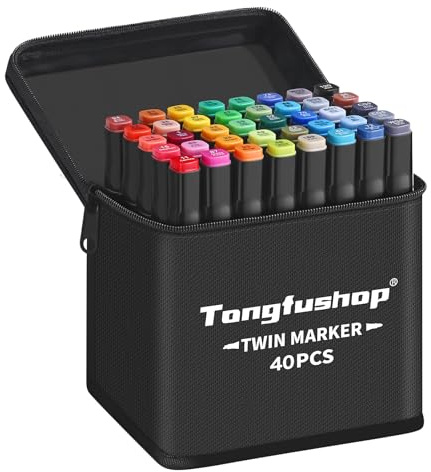 Tongfushop 40+2 Farben Filzstifte, Doppelte Spitze Marker Stifte Set, 2 Sekunde Schnell Trocknende Sketch Permanent Alkoholmarker mit Schwarzer Tragetasche und Abstandshalter für Malerei, Design