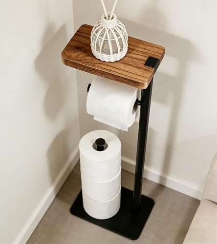 AIDILI Porte Papier Toilette sur Pied avec Étagère, Métal Noir et Bois | Porte Rouleau, Papier Toilette Support, Papier Toilette Rangements, 4 Rouleaux de Réserve