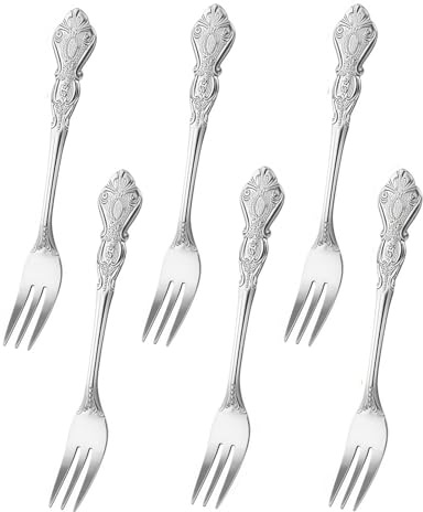 RuiChy 6 Pcs Vintage Embossed Dessert Forks, Court Style Stainless Steel Cake Forks 5 Inch Pastry Fork Cocktail Salad Appetizer Fruits Fork for Home Restaurants Picnic Banquet Catering Party (Silver)