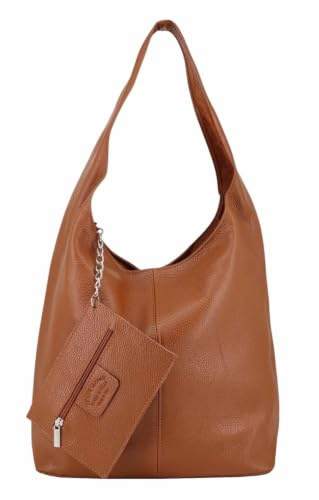 ITALYSHOP24 Made in Italy Damen echt Leder Tasche Rindsleder Shopper Schultertasche Umhängetasche Handtasche Beuteltasche Hobo Bag Ledertasche Reisetasche Sport Arbeit Urlaub Daily Bag groß Cognac