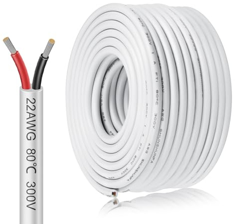 inShareplus Câble électrique 22 AWG 2 conducteurs, 2×0,3 mm², 20 m, Fil en cuivre étamé blanc, 5V / 12V / 24V, 300V, Câble flexible et souple résistant à haute température pour extérieur