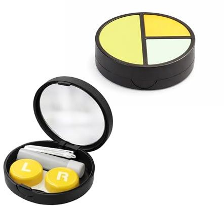Contact Lens Travel Kit, Circular Black Case With Mirror, 5-Piece Set | Dual Left And Right Cups, Yellow Marked Lids, Solution Bottle, Tweezers And Applicator, For Short Trips And Handbags